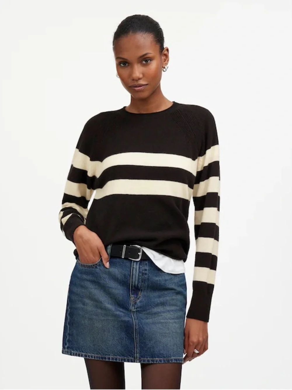 Madewell Cashmere Raglan Sweater in Stripe Black White Size Medium NWT